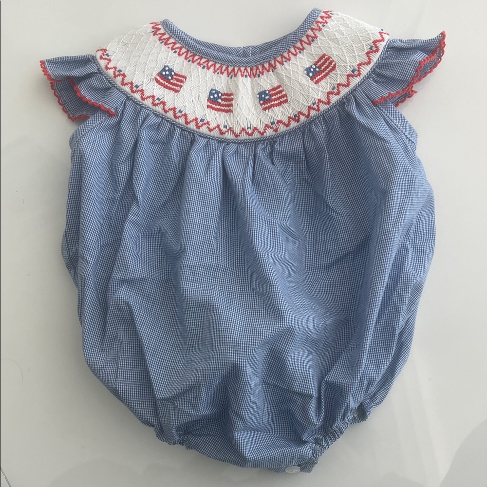 Petit Bebe Smocked Bubble Romper in Blue Gingham with USA flags- red white blue